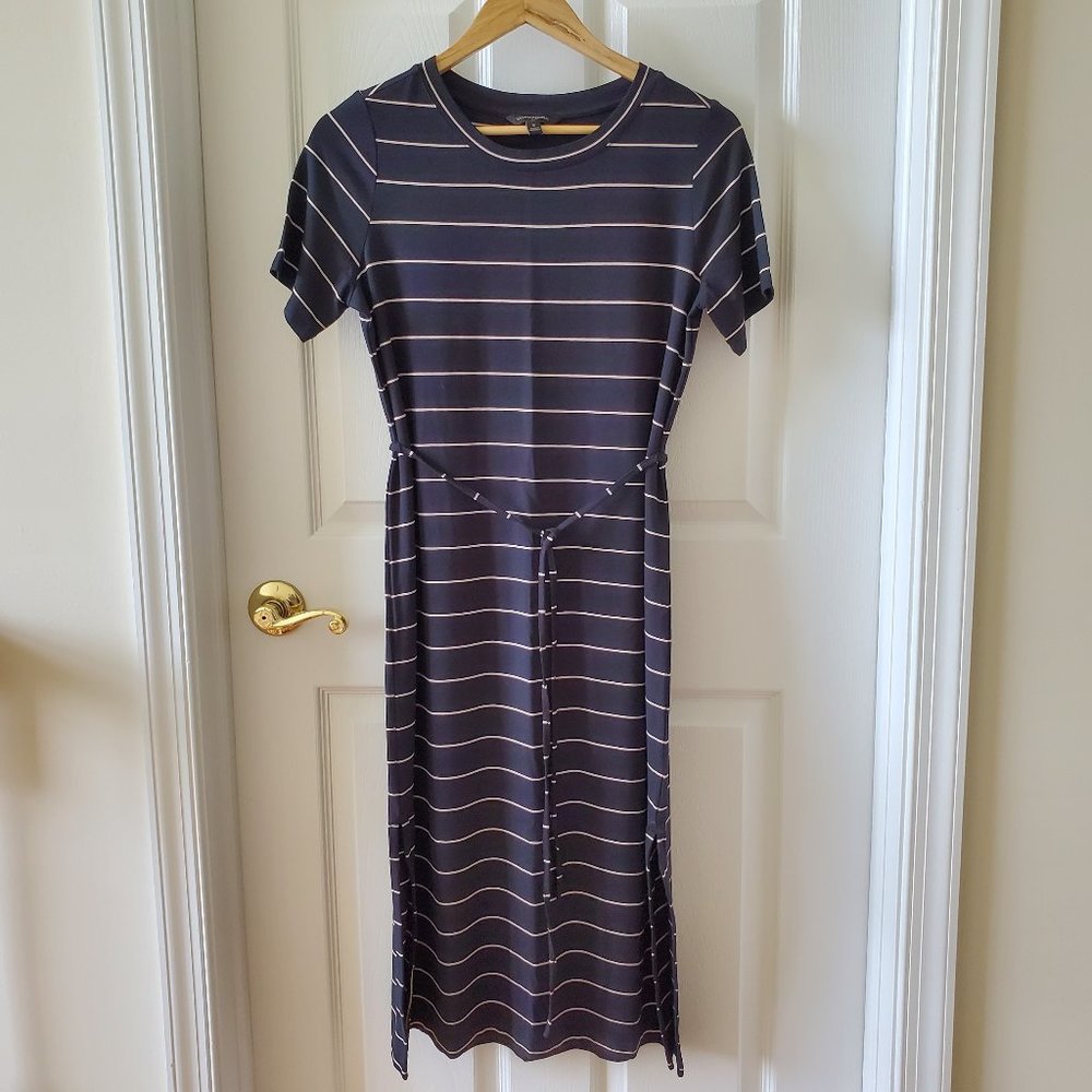 Banana Republic Black, Tan Stripes Midi Dress Short Sleeve Belted Office Wear